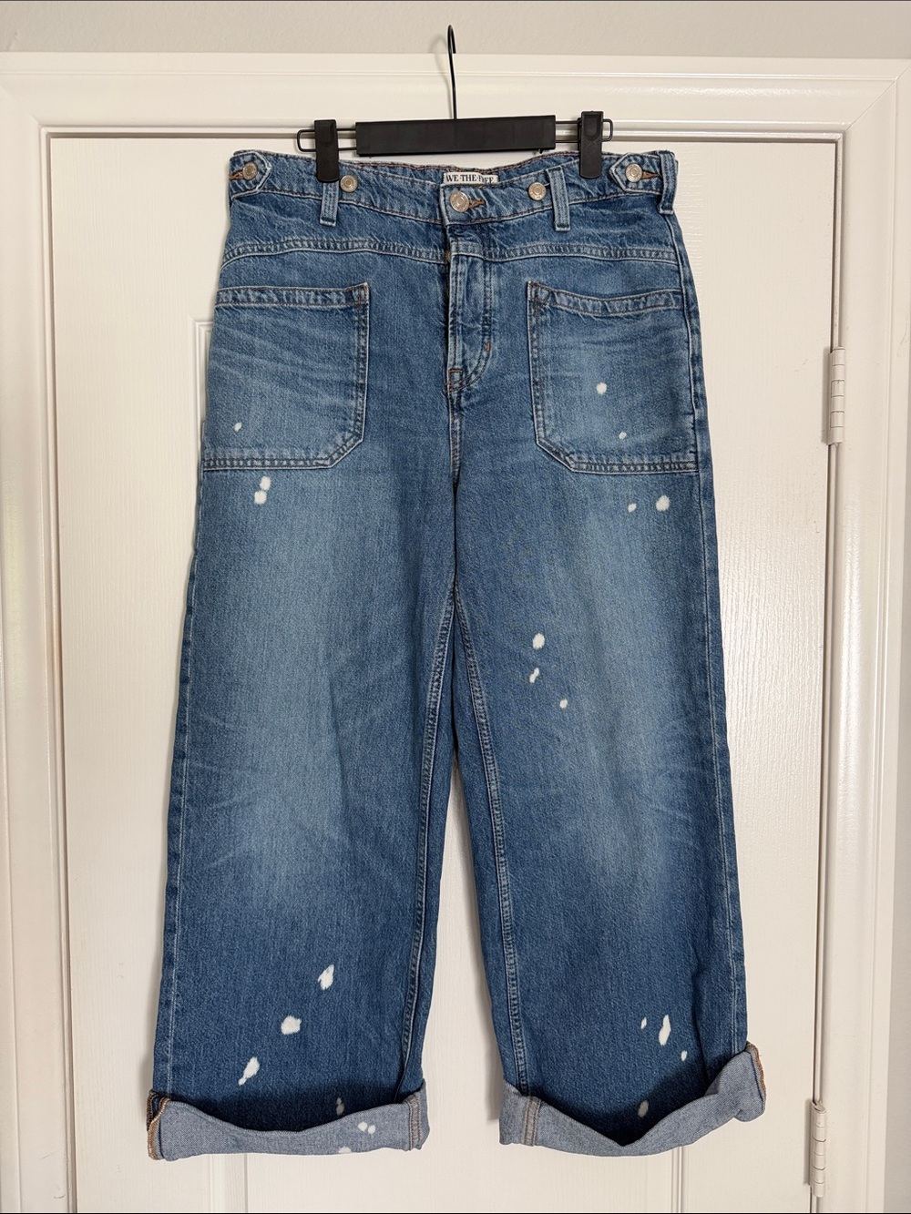 Free People Blue Paint-Splatter Boyfriend Jeans